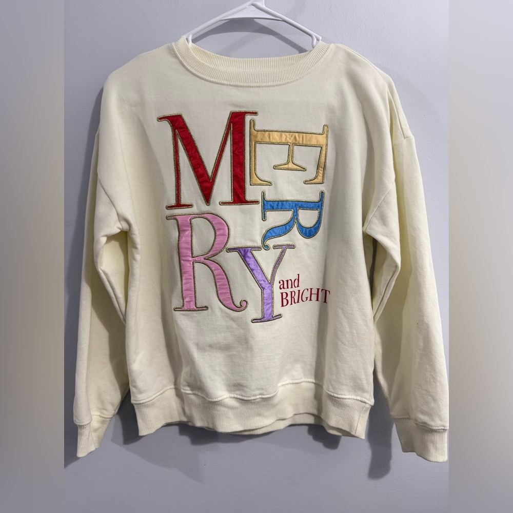 Paper Flower Merry & Bright Christmas Crewneck Sweatshirt Girls Size L